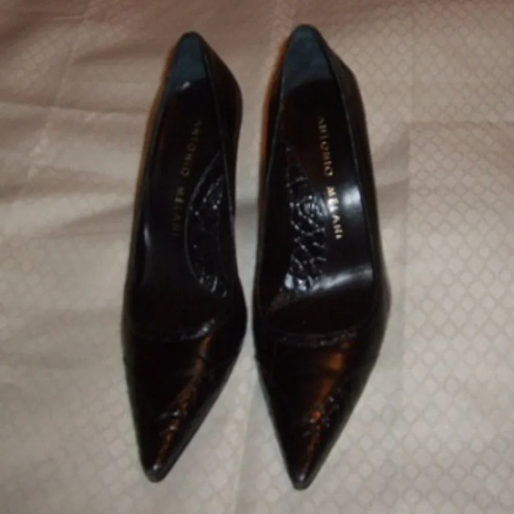 Shoes Antonio Melani 8M Black Leather 3.5" Heels Glove Fit Pointed Toe Dressy - Picture 2 of 4